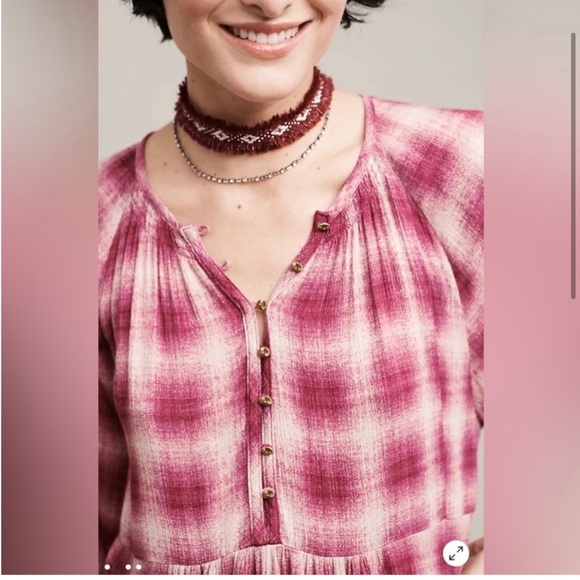 Anthro Maeve Calavon pink plaid checked button flowy top - Picture 2 of 9